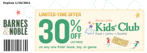 30% off a Kids’ Book, Toy or Game at Barnes & Noble + Other Retail Coupons