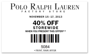 40% Off In Store Coupon: Polo Ralph Lauren Factory Stores
