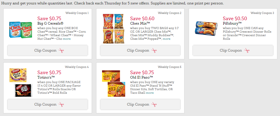 New Higher Value Coupons for Chex, Totinos, Chex Mix, Pillsbury, and Old El Paso!