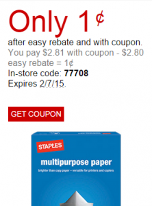 Ream of Staples Paper Only 1¢ After Easy Rebate!