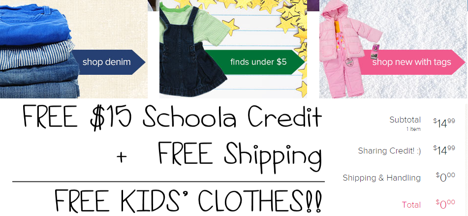 $15 off a $15 Schoola Purchase + FREE Shipping = FREE Gently Used Kids’ Clothes!