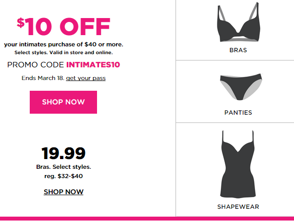 $10 off $40 Intimates Purchase + Up to 30% Off at Kohls!