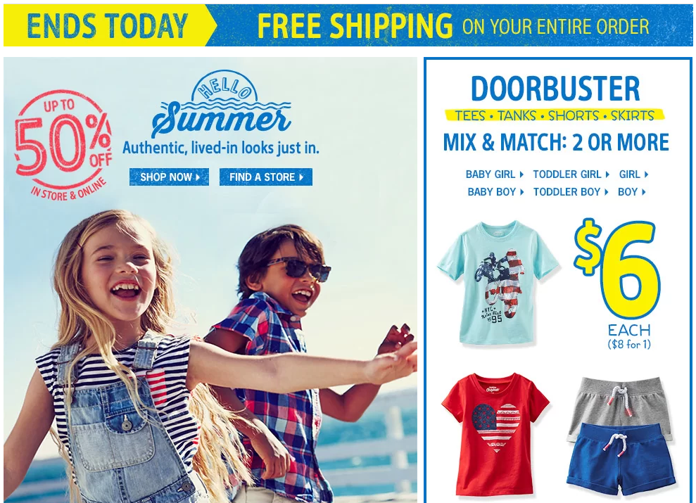 FREE Shipping From OshKosh Today ONLY | $6 Tees and Shorts!