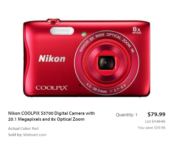 Nikon COOLPIX S3700 20.1 MP WiFi Digital Camera—$79.99!
