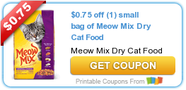 Save 75¢ on a Small Bag of Meow Mix Cat Food