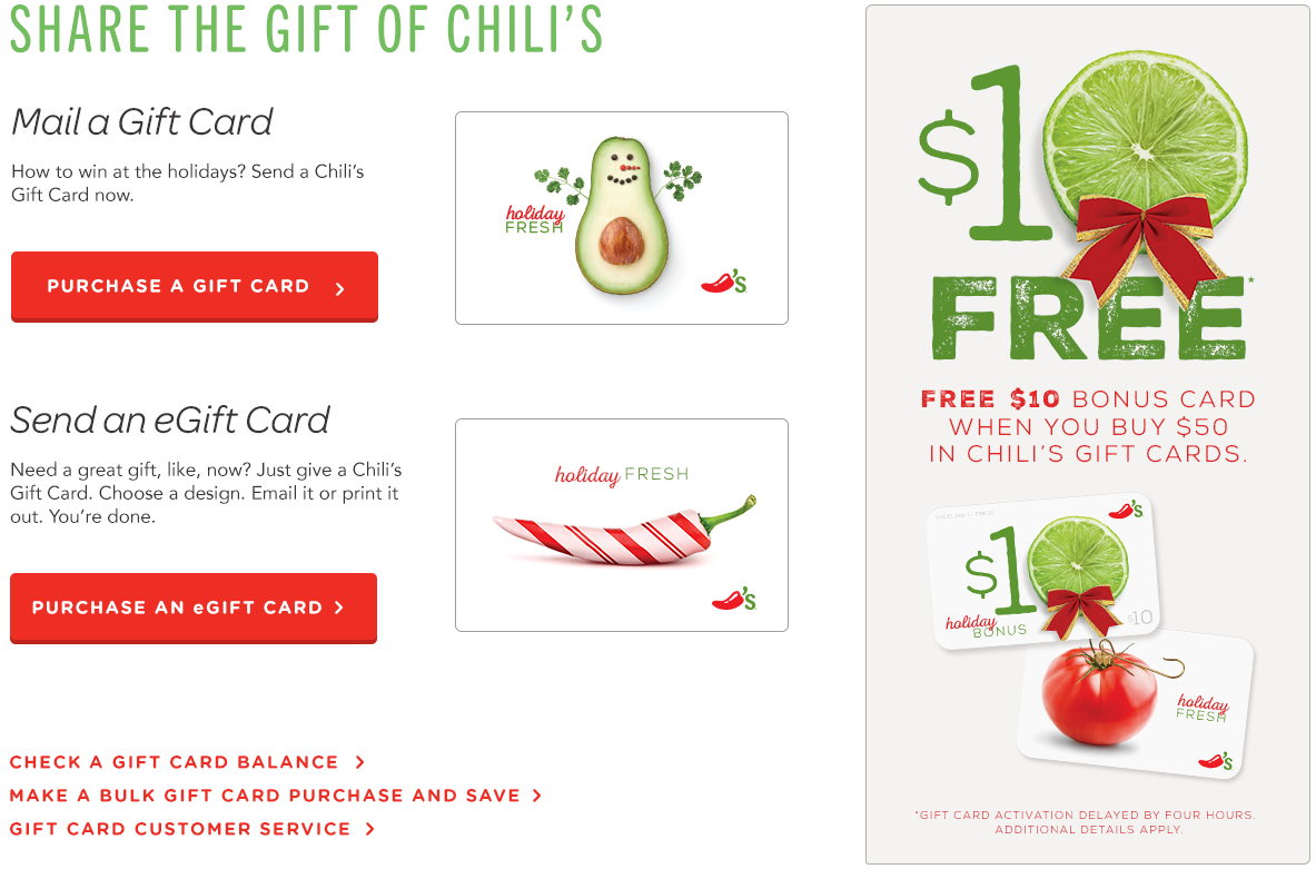 Free Bonus $10 Chili’s Gift Card wyb $50 Worth of Gift Cards!