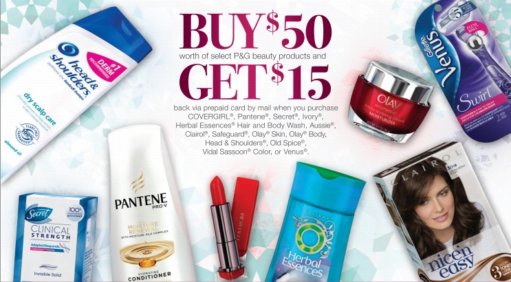 $15 Prepaid Card wyb $50 Worth of Select P&G Beauty Products! $15 Prepaid Card wyb $50 Worth of Select P&G Beauty Products!