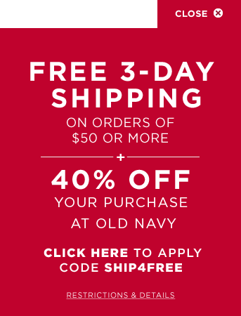 40% off + FREE 3 Day Shipping on Old Navy Orders of $40+