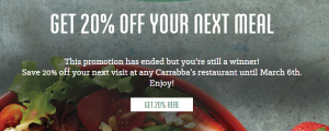 20% Off Your Next Meal at Carabba’s