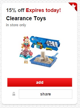 TARGET: 15% Off Clearance Toys! Expires TODAY! TARGET: 15% Off Clearance Toys! Expires TODAY!