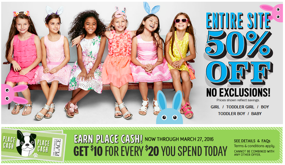 Children’s Place – Entire Site 50% off! Free shipping! Think Easter!