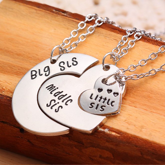 3-piece “Big Sis”, “Middle Sis”, and Little Sis” Heart Necklace Set Just $4.99!