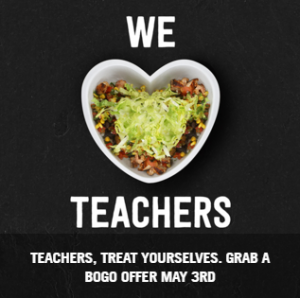 BOGO FREE Meals for Teachers at Chipotle May 3rd!
