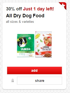 30% Off Any Dry Dog Food Target Cartwheel = FREE Purina Dog Food! 30% Off Any Dry Dog Food Target Cartwheel = FREE Purina Dog Food!