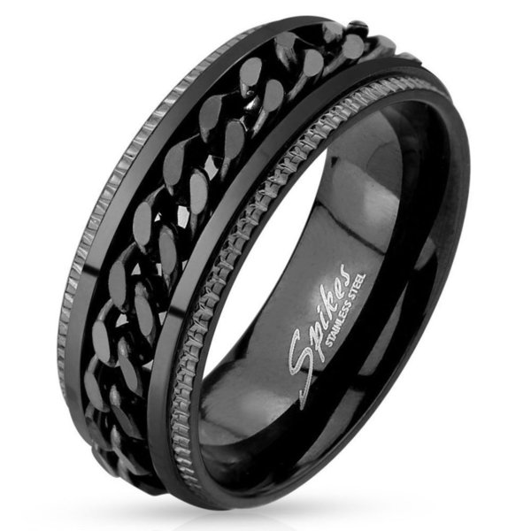 Black IP Grooved Edge Center Chain Stainless Steel Spinner Ring—$6.99 Shipped!
