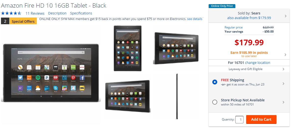 Amazon Fire HD 10.1″ 16GB Tablet + $105.99 in SYWR Points—$179.99!!