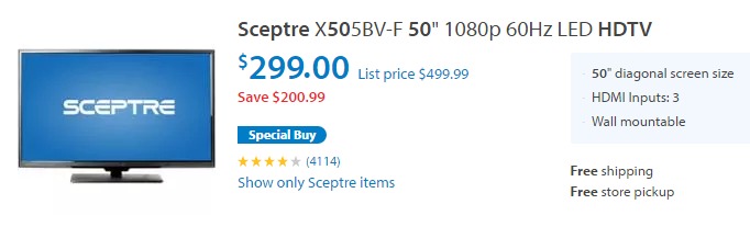 Sceptre 50″ HDTV Down to Only $299! (Save $200)