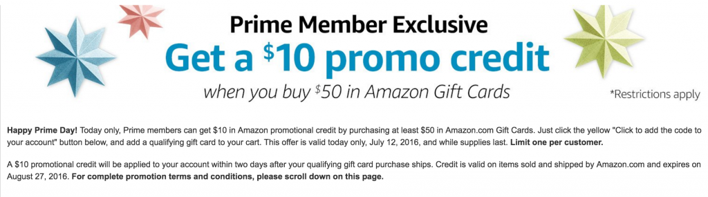 Amazon Prime Day Deal: Get A $10.00 Promo Credit When You Buy $50 In Amazon Gift Cards!