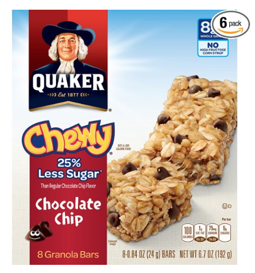 Quaker Chewy Granola Bars, Chocolate Chip – 25% less sugar 8 Bars Per Box (Pack of 6) Only $11.40 shipped! Perfect for School Lunches!