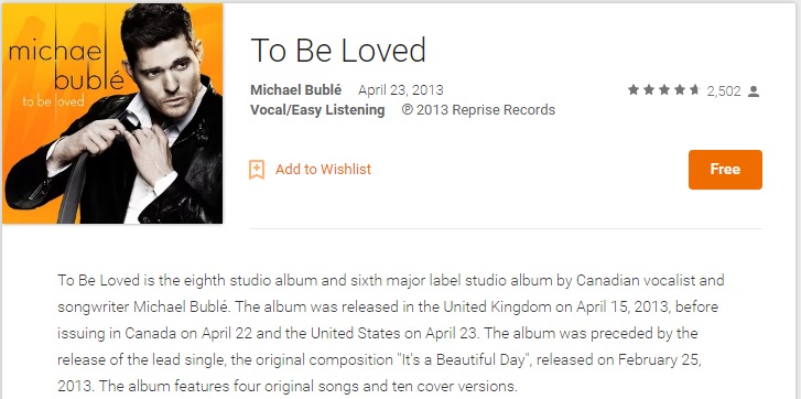 FREE Michael Buble “To Be Loved” Album From Google Play!