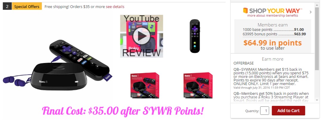 Roku 3 Streaming Media Player $99.99 + $64.99 in SYWR Points! (Final Cost $35!!)