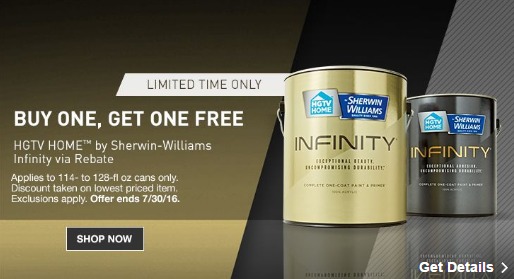 BOGO Free HGTV Home by Sherwin-Williams Infinity Paint From Lowe’s! (Via Rebate) BOGO Free HGTV Home by Sherwin-Williams Infinity Paint From Lowe’s! (Via Rebate)