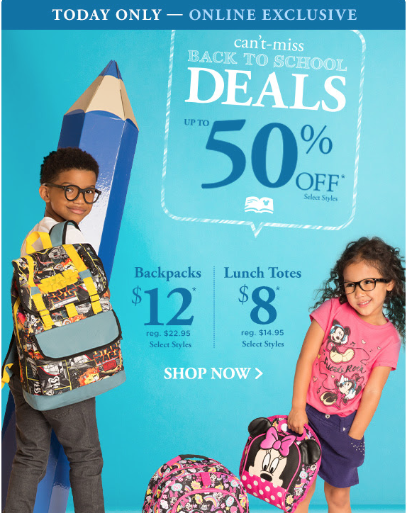 Take 50% off Back to School Deals at the Disney Store! Backpacks for $12 (Reg. $22.95) & Lunch Totes for $8! (Reg. $14.95)