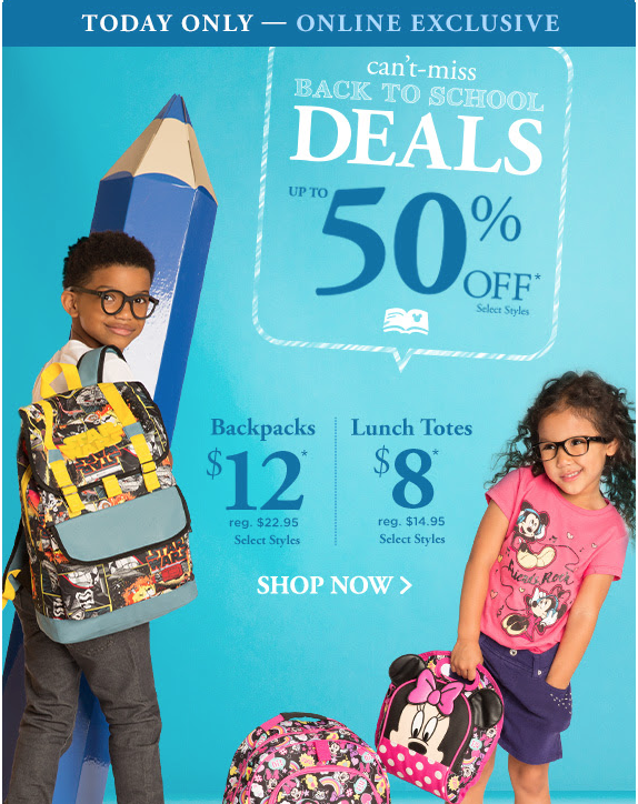 Take 50% off Back to School Deals at the Disney Store! Backpacks for $12 (Reg. $22.95) & Lunch Totes for $8! (Reg. $14.95) Take 50% off Back to School Deals at the Disney Store! Backpacks for $12 (Reg. $22.95) & Lunch Totes for $8! (Reg. $14.95)