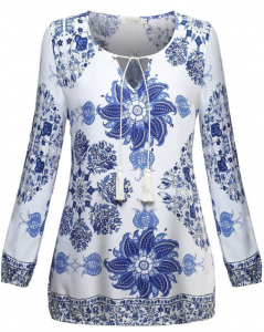 Adorable Neck Tie Floral Print Ethnic Style Tunic Top As Low As $8.09!