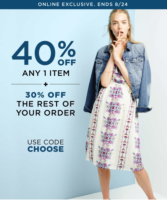 Old Navy: Take 40% off ANY 1 Item + 30% off the Rest of Your Order! Tees for Only $2.40! Old Navy: Take 40% off ANY 1 Item + 30% off the Rest of Your Order! Tees for Only $2.40!