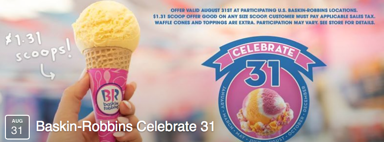 Baskin-Robbins: ANY Size Scoop for Only $1.31 on Wednesday, August 31st!