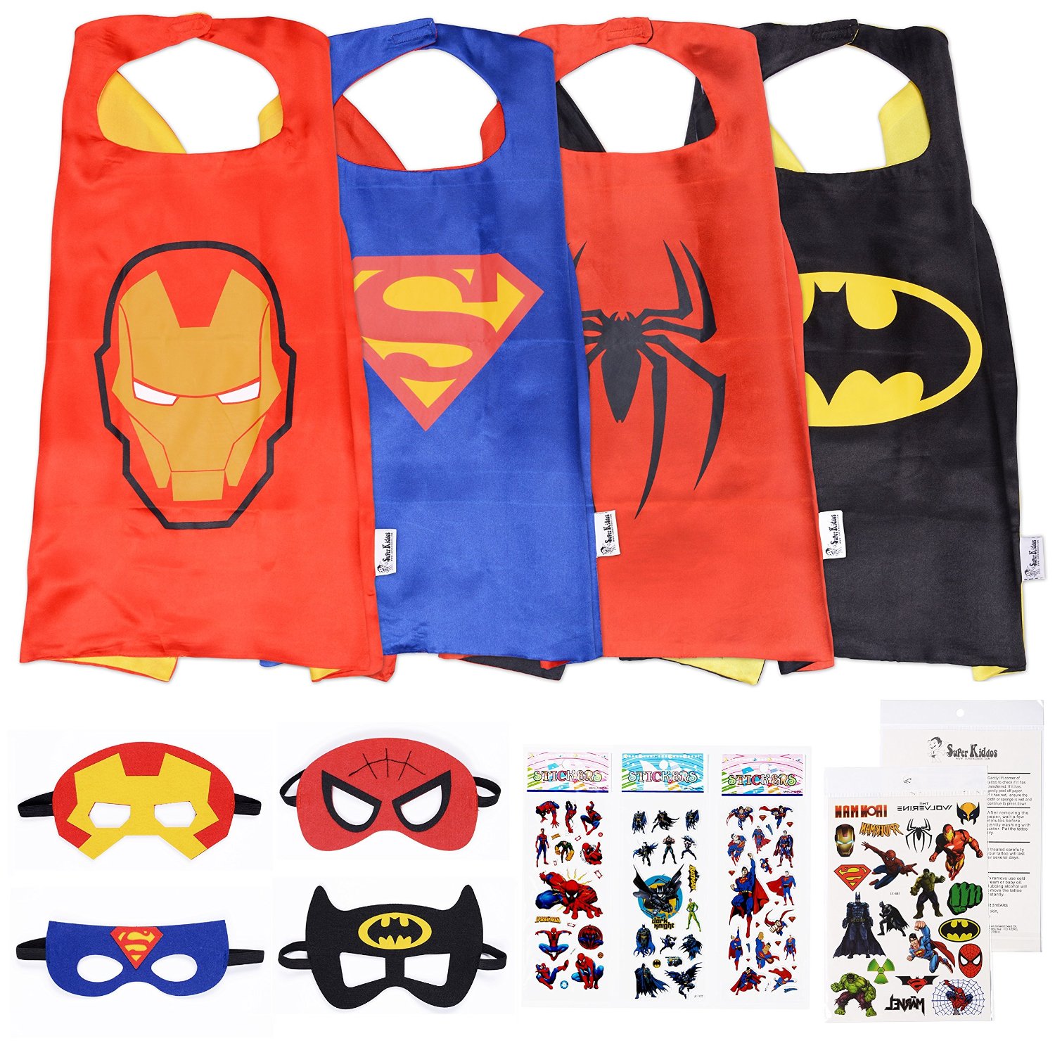 Superhero Cape and Mask Costumes For Kids (4 Sets) Just $14.99! And Includes 3 Superhero Sticker Sheets & 1 Tattoos Sheet!