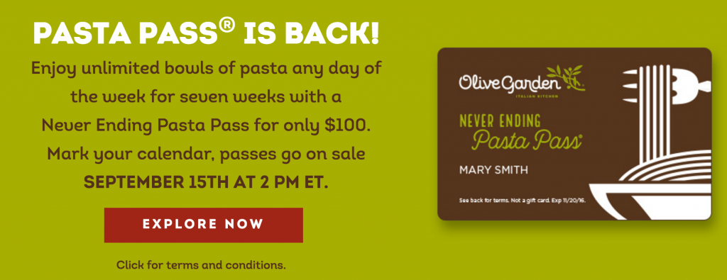 Seven Weeks Of Unlimited Pasta For $100 At Olive Garden! Order Your Never Ending Pasta Pass September 15th!
