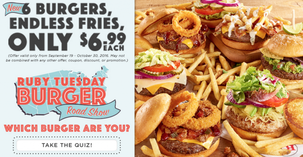Ruby Tuesday: 6 Burgers & Endless Fries Just $6.99 Each!