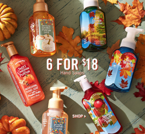 Bath & Body Works: Hand Soaps Six For $18, 3-Wick Candles $12.50 & $10 Off $30!
