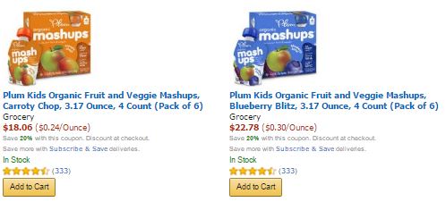 Plum Organics Kids 20% Off Clipable Coupon on Amazon! Amazon Family Members Get Mash Ups For Only $.45 per Pouch!