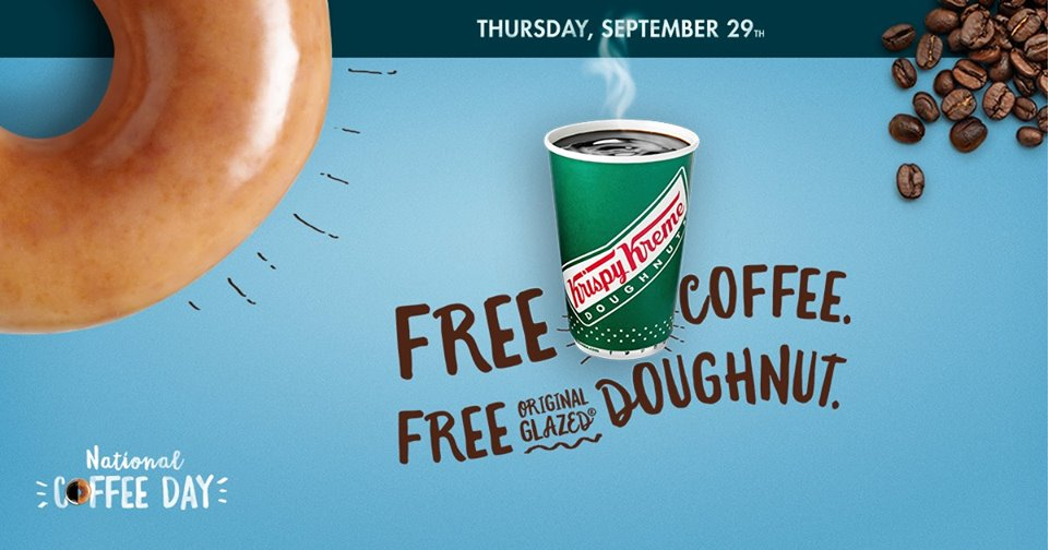 National Coffee Day Tomorrow September 29th! Get a FREE Cup of Coffee & Doughnut at Krispy Kreme!