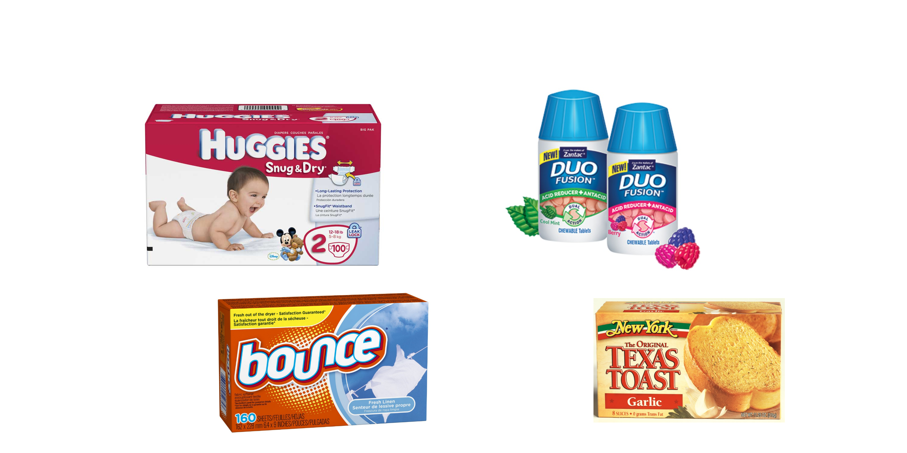 Coupons: Bounce, Huggies, New York Bakery, and Duo Fusion