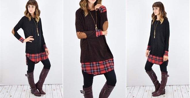 Knit Plaid Suede Patch Tunic – Just $24.99!