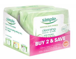 Simple Cleansing Facial Wipes Kind to Skin 25-Count Twin Pack Just $5.83!