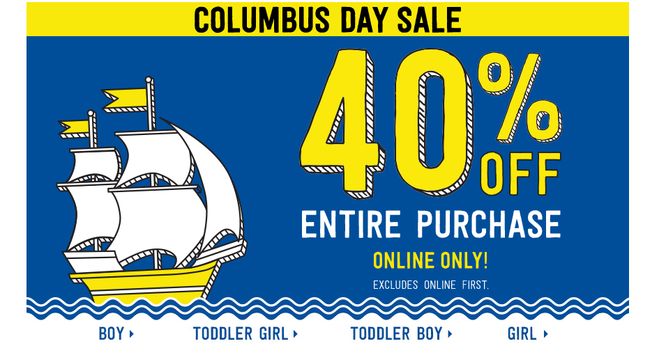 Crazy8 Columbus Day Sale! Save 40% Off Entire Purchase Online Including Clearance! Swimwear Only $4.19! Tees Start at $2.39 and More!