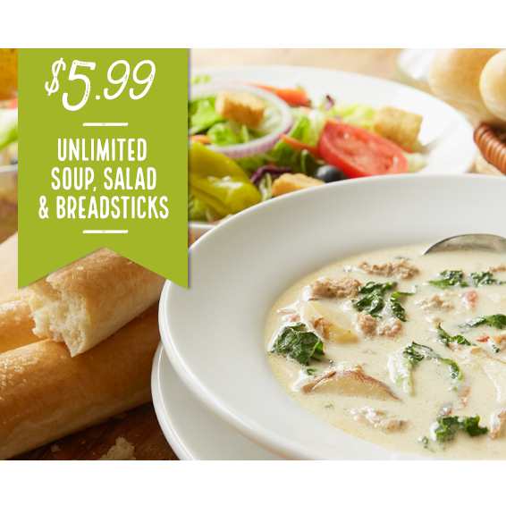 Olive Garden: Unlimited Soup, Salad, & Breadsticks Lunch Combo Just $5.99 Starting Today!