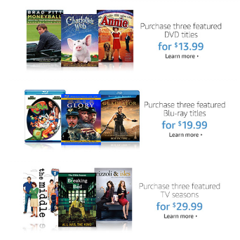 Amazon Movie Bundle Discount! Buy 3 DVD’s for $13.99/ 3 Blu-ray’s for $19.99/ 3 TV Season’s for $29.99!