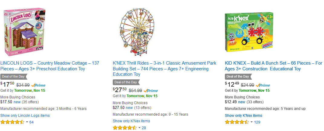 Up to 50% off select K’NEX building toys! Prices start at $10.50! Great deals on Lincoln Logs, K’nex, Tinker Toys and more!