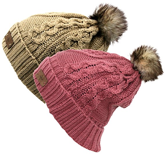 Faux Fur Pom Pom Fleece Lined Knitted Slouchy Beanie – 2 pack – Just $16.12!