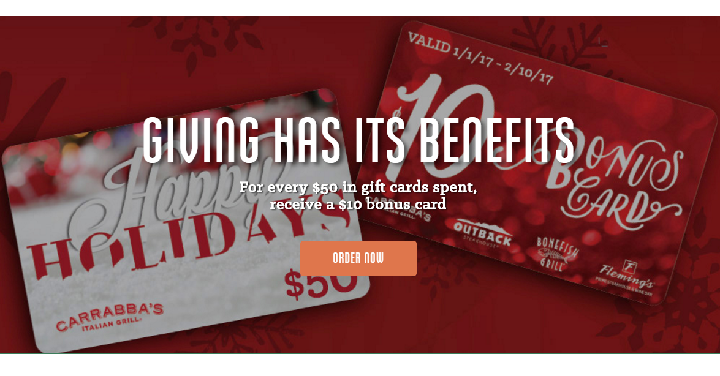 HOT! Buy $50 CARRABBA’s Gift Card, Get $50 in Bonus Cards! (Today, Dec. 23rd Only)