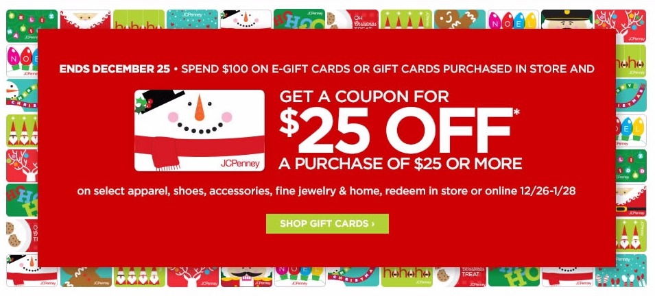 $10 off $25 at JCPenney + Get a $25 off $25 With $100 Gift Card Purchase!