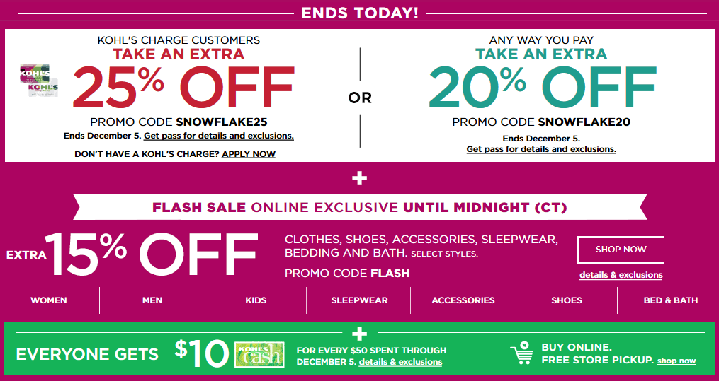 Flash Sale – Additional 15% off Code! Kohl’s 25% Off Code! Earn Kohl’s Cash! Stack Codes! 2 Day Sale! LAST DAY TO REDEEM BLACK FRIDAY KOHL’S CASH!