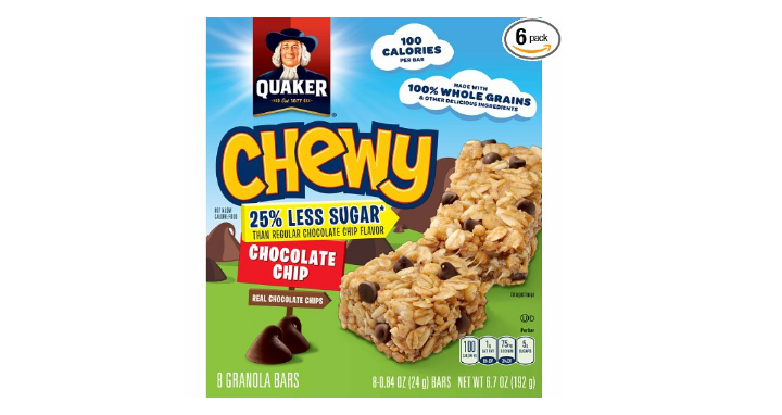 Quaker Chewy Granola Bars, 25% Less Sugar, Chocolate Chip (Pack of 6) Only $7.89 Shipped! That’s Only $1.31 per Box!