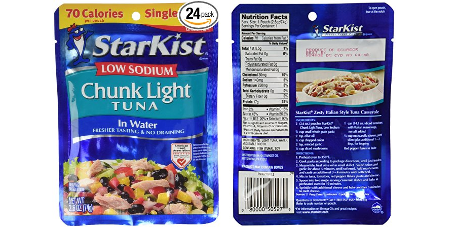 StarKist Low Sodium Chunk Light Tuna In Water Pouches, 24-pack—$22.57 SHIPPED!